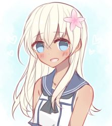 Rule 34 | 10s, 1girl, bare shoulders, blonde hair, blue eyes, blush, flower, hair flower, hair ornament, heart, kantai collection, kvlen, looking at viewer, open mouth, ro-500 (kancolle), solo, tan