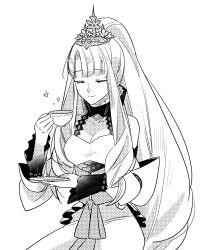 Rule 34 | 1girl, absurdres, asymmetrical bangs, blunt bangs, breasts, cleavage, closed eyes, closed mouth, crown, cup, dress, eve (fire emblem engage), facing viewer, fire emblem, fire emblem engage, high ponytail, highres, holding, holding cup, holding plate, illust mi, long hair, medium breasts, monochrome, nintendo, plate, ponytail, solo, teacup, very long hair, white background
