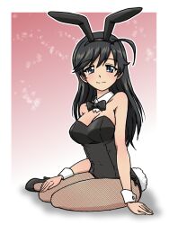 1girl ahoge animal_ear_hairband animal_ears black_bow black_bowtie black_eyes black_footwear black_hair black_leotard bow bowtie breasts brown_background cleavage commentary_request detached_collar fake_animal_ears fishnet_pantyhose fishnets girls_und_panzer hairband high_heels isuzu_hana large_breasts leotard pantyhose playboy_bunny rabbit_ears rabbit_tail sitting smile solo strapless strapless_leotard tail takahashi_kurage wrist_cuffs yokozuwari