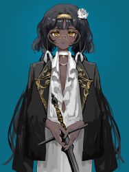 Rule 34 | 1girl, black hair, black jacket, blue background, commentary, cowboy shot, dark-skinned female, dark skin, dress, english commentary, expressionless, flower, glasses, hair flower, hair ornament, hairband, highres, holding, holding sword, holding weapon, jacket, jewelry, long hair, looking at viewer, necklace, original, pearl necklace, round eyewear, simple background, solo, sword, weapon, white dress, xu jeff, yellow eyes