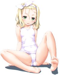 Rule 34 | 1girl, arm support, ass, barefoot, blonde hair, blush, breasts, commentary, dd (ijigendd), feet, green eyes, hairband, highres, i-504 (kancolle), kantai collection, leaning back, legs, looking at viewer, luigi torelli (kancolle), old school swimsuit, one-piece swimsuit, open mouth, ribbon, school swimsuit, short hair, simple background, sitting, small breasts, smile, soles, solo, spread legs, swimsuit, toes, white background, white hairband, white school swimsuit, white one-piece swimsuit