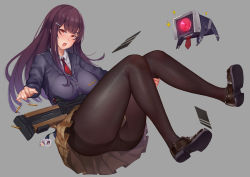 Rule 34 | 1girl, absurdres, bad id, bad pixiv id, black pantyhose, blush, breasts, bullet, bullpup, censored, ctrlz77, dinergate (girls&#039; frontline), girls&#039; frontline, grey background, gun, highres, large breasts, loafers, long hair, looking at viewer, mosaic censoring, necktie, open mouth, pantyhose, purple hair, red eyes, rifle, sangvis ferri, shoe soles, shoes, simple background, sniper rifle, solo, teeth, thighband pantyhose, wa2000 (girls&#039; frontline), walther, walther wa 2000, weapon