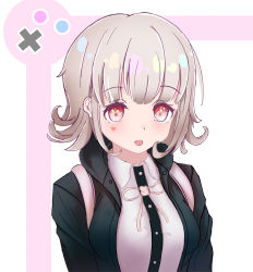 Rule 34 | 1girl, atjdgkra, backpack, bad id, bad pixiv id, bag, black jacket, blush, breasts, buttons, circle, commentary request, cross, danganronpa (series), danganronpa 2: goodbye despair, dot nose, flipped hair, happy, heart, heart in eye, hood, hoodie, jacket, large breasts, light brown hair, looking down, nanami chiaki, open mouth, out of frame, pink eyes, ribbon, shirt, short hair, solo, symbol in eye, tongue, white background, white shirt
