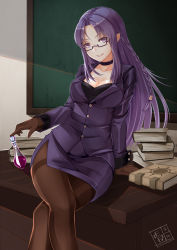 Rule 34 | 1girl, alternate costume, arm support, bespectacled, book, bottle, braid, breasts, chalkboard, choker, cleavage, collarbone, crossed legs, dated, desk, essa sazhka, fate/grand order, fate/stay night, fate (series), formal, glasses, gloves, grin, highres, large breasts, lips, long hair, long sleeves, medea (fate), miniskirt, office lady, on desk, pantyhose, pencil skirt, pointy ears, potion, purple-framed eyewear, purple eyes, purple hair, semi-rimless eyewear, sidelocks, signature, single braid, sitting, on desk, skirt, skirt suit, smile, solo, suit, teacher, thighband pantyhose, under-rim eyewear