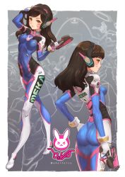 Rule 34 | 1girl, arm at side, arm up, ass, bad id, bad twitter id, blush, bodysuit, breasts, brown hair, character name, closed mouth, clothes writing, covered navel, cowboy shot, d.va (overwatch), facepaint, facial mark, from behind, full body, gloves, grey background, gun, hand in own hair, hand on own hip, headgear, highres, holding, holding gun, holding weapon, medium breasts, multiple views, natsuhara, overwatch, overwatch 1, parted lips, pink lips, profile, simple background, skin tight, standing, trigger discipline, walking, weapon, whisker markings, white gloves