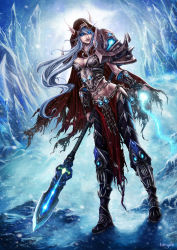 Rule 34 | 1girl, armor, blue eyes, blue hair, death knight, elf, gauntlets, highres, ice, matching hair/eyes, navel, pointy ears, polearm, shoulder armor, skull, snow, solo, pauldrons, spear, warcraft, weapon, world of warcraft