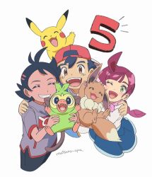 1girl 2boys ;d anniversary ash_ketchum black_hair black_pants blue_skirt blue_vest chloe_(pokemon) closed_eyes creatures_(company) eevee eyelashes game_freak gen_1_pokemon gen_8_pokemon goh_(pokemon) green_eyes grey_shirt grin grookey happy hat holding holding_pokemon matsuno_opa multiple_boys nintendo one_eye_closed open_mouth pants pikachu pokemon pokemon_(anime) pokemon_(creature) pokemon_journeys red_hat shirt short_sleeves signature skirt smile teeth tongue vest white_shirt