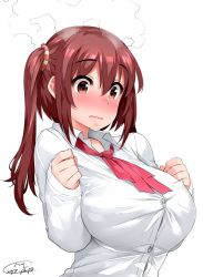 Rule 34 | 1girl, blush, breasts, buttons, clenched hands, closed mouth, dated, ebina nana, happa (cloverppd), himouto! umaru-chan, large breasts, long hair, long sleeves, neckerchief, nose blush, red eyes, red hair, red neckerchief, school uniform, shirt, signature, simple background, sleeves past wrists, solo, steam, tight clothes, tight shirt, upper body, white background, white shirt