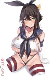 Rule 34 | 1girl, absurdres, black hair, black hairband, black neckerchief, black panties, blue sailor collar, blush, breasts, cosplay, crop top, elbow gloves, gloves, hairband, highleg, highleg panties, highres, kantai collection, large breasts, long hair, looking at viewer, multicolored hair, naganami (kancolle), navel, neckerchief, panties, pink hair, sailor collar, shimakaze (kancolle), shimakaze (kancolle) (cosplay), sitting, solo, striped clothes, striped thighhighs, tf cafe, thighhighs, thong, twitter username, underwear, white gloves, yellow eyes
