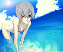 Rule 34 | 1girl, all fours, alternate hair color, ayanami rei, bent over, blue hair, breasts, casual one-piece swimsuit, cloud, day, dutch angle, foreshortening, grey hair, hair between eyes, highleg, highleg swimsuit, lens flare, miwa shirow, neon genesis evangelion, one-piece swimsuit, outdoors, pale skin, partially submerged, red eyes, ripples, short hair, sky, small breasts, solo, sun, swimsuit, wading, water, watermark, white one-piece swimsuit