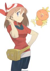 Rule 34 | 1girl, bandana, bike shorts, blue eyes, breasts, brown hair, closed eyes, commentary request, cowboy shot, creatures (company), from side, game freak, gen 3 pokemon, hand in own hair, hand on own hip, highres, looking at viewer, may (pokemon), medium breasts, nintendo, pokemon, pokemon (creature), pokemon rse, simple background, smile, solo, torchic, white background, zubuzubu (gogo zubu)