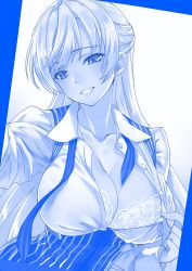 Rule 34 | 1girl, :d, blue theme, blush, bra, breasts, buttons, cleavage, eyebrows, head tilt, high-waist skirt, highres, lace, lace-trimmed bra, lace trim, large breasts, lingerie, long hair, looking at viewer, matsuryuu, mayuri mariani, monochrome, open clothes, open mouth, open shirt, original, photo (object), reaching, reaching towards viewer, selfie, shirt, shirt tug, skirt, smile, solo, striped clothes, striped skirt, teasing, teeth, unbuttoned, underbust, underwear, upper body, vertical-striped clothes, vertical-striped skirt, very long hair, wing collar