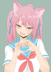 Rule 34 | 1girl, :d, absurdres, ahoge, animal ear fluff, animal ears, bad id, bad twitter id, bandaid, bandaid on cheek, bandaid on face, blue ribbon, blue sailor collar, cat ears, copyright request, donguri suzume, fang, green background, hair ribbon, hands up, heart, heart hands, highres, looking at viewer, neckerchief, open mouth, pink hair, red eyes, red neckerchief, ribbon, sailor collar, school uniform, serafuku, shirt, short sleeves, simple background, skin fang, smile, solo, upper body, white shirt