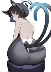 Rule 34 | 1girl, absurdres, animal ears, ass, ass focus, black eyes, black hair, blue archive, blue halo, bluerabbit gap, cat ears, cat tail, from behind, halo, highres, kikyou (blue archive), multiple tails, open mouth, shaded face, short hair, simple background, sitting, solo, tail, two tails, white background