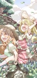 Rule 34 | 2girls, :d, ;d, ^ ^, absurdres, alternate headwear, ascot, blonde hair, blue eyes, blurry, blush, bow, braid, carrying, chinese clothes, closed eyes, cloud, day, depth of field, closed eyes, female focus, flandre scarlet, graphite (medium), happy, hat, hat ribbon, highres, hong meiling, leaf, long hair, mixed media, multiple girls, one eye closed, open mouth, orange hair, piggyback, puffy sleeves, ribbon, short hair, short sleeves, shunsuke, side braid, single braid, sky, smile, touhou, traditional media, tree, wings, wink, wrist cuffs