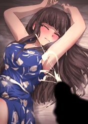 Rule 34 | 1boy, 1girl, absurdres, armpits, black hair, blue dress, blurry, blush, breasts, censored, closed eyes, commission, cum, depth of field, dress, ejaculation, floral print, highres, huge filesize, idolmaster, idolmaster cinderella girls, kurokawa chiaki, large breasts, lying, male masturbation, masturbation, on back, out of frame, outstretched arms, parted lips, pixiv commission, short dress, solo focus, tomawarinosuizou