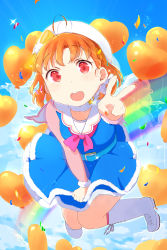 Rule 34 | 1girl, 2019, absurdres, artist name, artist request, balloon, blue dress, blue sky, bow, breasts, cloud, collarbone, dress, female focus, floating, food, fruit, full body, hat, highres, holding, holding clothes, holding skirt, jump, love live!, love live! school idol festival, love live! sunshine!!, nail, nail polish, orange (fruit), orange hair, orange nails, orange ribbon, parted lips, pink bow, rainbow, red eyes, ribbon, sailor collar, scrunchie, shoes, short hair, skirt, sky, solo, takami chika, v, white bow, white hat, wrist scrunchie