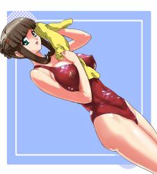 Rule 34 | 00s, 1girl, blue background, breasts, brown hair, censored, cleavage, fujisawa yayoi, green eyes, hair bun, hair ornament, hairclip, highres, large breasts, looking at viewer, lux (alpa), nipples, one-piece swimsuit, open mouth, red one-piece swimsuit, single hair bun, smile, standing, swimsuit, towel, uchuu no stellvia