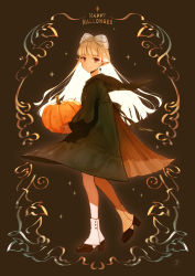 Rule 34 | 1girl, blonde hair, dress, halloween, highres, holding pumpkin, holding vegetable, looking at viewer, pointy ears, pumpkin, red eyes, smile, solo