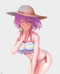 Rule 34 | 1girl, absurdres, bare shoulders, bikini, blush, breasts, closed mouth, collarbone, cozie178, fate/grand order, fate (series), feet out of frame, finger to mouth, hair between eyes, hat, highres, leaning forward, looking at viewer, mash kyrielight, medium breasts, medium hair, multicolored bikini, multicolored clothes, multicolored swimsuit, official alternate costume, one eye closed, purple eyes, purple hair, smile, solo, standing, sun hat, swimsuit, thighs, white background
