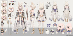 Rule 34 | 1girl, :d, absurdres, akizone, animal ear fluff, animal ears, back, backless outfit, bare shoulders, bird, black gloves, black panties, bracer, breasts, character sheet, closed mouth, clothing cutout, dress, expressions, fang, fingerless gloves, flower, from behind, from side, gloves, high heels, highres, large breasts, looking at viewer, medium hair, misono hibiki, multiple views, official art, open mouth, panties, puffy short sleeves, puffy sleeves, purple eyes, short sleeves, simple background, sirius project, smile, sword, tail, thighhighs, underboob cutout, underwear, virtual youtuber, weapon, white dress, white hair, white thighhighs, yellow flower