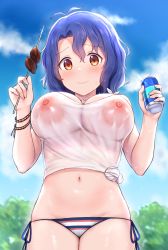 Rule 34 | 1girl, antenna hair, bikini, blush, breasts, brown eyes, cai geng, can, commentary request, drink can, food, heart o-ring, highres, idolmaster, idolmaster million live!, jewelry, large breasts, long hair, looking at viewer, meat, navel, necklace, nipples, purple hair, see-through, shirt, side-tie bikini bottom, skewer, soda can, solo, striped bikini, striped clothes, sweat, swimsuit, tied shirt, toyokawa fuka, unworn bikini top, wet