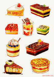 Rule 34 | artist name, blueberry, cake, cake slice, cheesecake, chocolate, chocolate cake, commentary, cup, dessert, food, food focus, fruit, grey background, mousse (food), no humans, original, painting (medium), pie, qinni, simple background, still life, strawberry cake jelly, strawberry shortcake, traditional media, tumblr username, watercolor (medium)