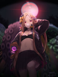 Rule 34 | 1girl, abigail williams (fate), abigail williams (traveling outfit) (fate), arm behind head, arm up, black bow, black bra, black jacket, black skirt, blonde hair, bow, bra, breasts, blowing bubbles, closed mouth, dated, fate/grand order, fate (series), feet out of frame, from below, glowing, hair bow, jacket, kuzumochi (kuzumochiya), long hair, looking at viewer, looking down, navel, open clothes, open jacket, orange bow, outdoors, parted bangs, pleated skirt, red eyes, signature, skirt, sleeves past fingers, sleeves past wrists, small breasts, solo, standing, standing on one leg, suction cups, tentacles, twitter username, underwear, very long hair