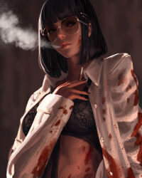 Rule 34 | 1girl, absurdres, black bra, black eyes, black hair, black nails, blood, blood on clothes, blood on face, blowing smoke, blunt bangs, bra, breasts, cigarette, closed mouth, collared shirt, commentary, english commentary, fingernails, glasses, guweiz, hair ornament, hairpin, hand up, highres, holding, holding cigarette, lips, looking to the side, medium breasts, medium hair, nail polish, open clothes, open shirt, original, shirt, sleeves past wrists, smoke, solo, underwear, upper body, white shirt