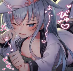 Rule 34 | 1girl, bad id, bad twitter id, blue eyes, blush, breasts, collarbone, haiba 09, hair between eyes, hammer and sickle, heart, hibiki (kancolle), implied sex, kantai collection, long hair, long sleeves, nipples, one eye closed, open mouth, sailor collar, sailor shirt, shirt, silver hair, small breasts, solo focus, verniy (kancolle)
