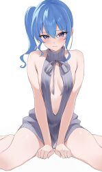 Rule 34 | 1girl, absurdres, arms between legs, bare shoulders, blue eyes, blue hair, blush, breasts, breasts apart, center opening, closed mouth, cowboy shot, dot nose, fawny, furrowed brow, grey sweater, hair between eyes, highres, hololive, hoshimachi suisei, legs apart, long hair, looking at viewer, medium breasts, meme attire, no pants, ribbed sweater, side ponytail, sidelocks, simple background, sitting, sleeveless, sleeveless sweater, solo, sweater, turtleneck, turtleneck sweater, virgin killer sweater, virtual youtuber, wariza, white background