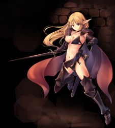 Rule 34 | 1girl, armor, armored boots, bikini, bikini armor, black armor, black bikini, black thighhighs, blonde hair, boots, breasts, breasts out, brick wall, brown eyes, cape, collarbone, commentary request, elf, floating hair, full body, gauntlets, groin, hair between eyes, highres, holding, holding sword, holding weapon, kirishima satoshi, long hair, looking at viewer, medium breasts, navel, nipples, original, parted lips, pauldrons, pointy ears, red cape, sheath, shoulder armor, sidelocks, solo, standing, standing on one leg, stomach, swimsuit, sword, thighhighs, unsheathed, wardrobe malfunction, warrior, weapon
