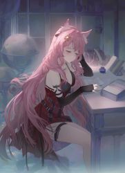 Rule 34 | 1girl, absurdres, animal ears, arknights, black bra, book, bra, breasts, desk, elbow gloves, feet out of frame, fingerless gloves, gloves, hair ornament, head rest, highres, inkwell, long hair, pink hair, pozyomka (arknights), quill, red skirt, sitting, skirt, small breasts, solo, tail, thigh strap, underwear, very long hair, wimi, wolf ears, wolf girl, wolf tail