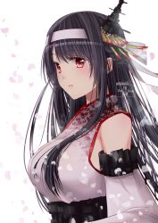 Rule 34 | 1girl, black hair, breasts, detached sleeves, epaulettes, floral print, fusou (kancolle), fusou kai ni (kancolle), hair ornament, headband, headgear, highres, japanese clothes, kantai collection, kimono, kimura shiki, large breasts, lips, long hair, nontraditional miko, open mouth, red eyes, sash, signature, solo, twitter username, upper body, white background, white headband, white kimono, wide hips
