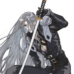 Rule 34 | 1boy, arm up, armor, bangle, belt, black belt, black coat, black gloves, bracelet, chest strap, coat, commentary, final fantasy, final fantasy vii, final fantasy vii remake, gloves, green eyes, grey hair, hair over one eye, happy, hashtag only commentary, high collar, highres, holding, holding sword, holding weapon, jewelry, katana, light smile, long bangs, long coat, long hair, long sleeves, looking to the side, male focus, masamune (ff7), moyanwxy, multiple belts, open clothes, open coat, parted bangs, pauldrons, planted, planted sword, planted weapon, sephiroth, shoulder armor, simple background, solo, squatting, sword, upper body, very long hair, weapon, white background