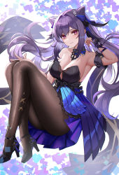 Rule 34 | 1girl, absurdres, armpits, bare shoulders, black footwear, breasts, brown pantyhose, cleavage, closed mouth, cone hair bun, crossed ankles, dress, eternity (shadeh), full body, genshin impact, hair bun, hair ribbon, high heels, highres, keqing (genshin impact), keqing (opulent splendor) (genshin impact), large breasts, long hair, looking at viewer, official alternate costume, pantyhose, pink eyes, pleated dress, purple hair, revision, ribbon, smile, solo, strapless, strapless dress, very long hair, wrist cuffs