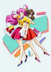 Rule 34 | 2girls, apron, arm up, back-to-back, blue footwear, brown hair, green eyes, hair bobbles, hair ornament, hand on own chest, hand to head, high heels, kimura takahiro, long hair, multiple girls, official art, panic-chan, pink footwear, pink hair, puffy sleeves, pumps, short sleeves, smile, waist apron