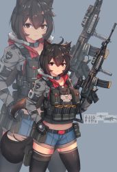 Rule 34 | 1girl, absurdres, animal, animal ears, artist request, assault rifle, brown hair, foregrip, gloves, gun, highres, holster, magazine (weapon), original, red eyes, rifle, scope, shorts, solo, thighhighs, trigger discipline, weapon