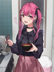 Rule 34 | 1girl, absurdres, black bow, black bowtie, black footwear, black nails, black shirt, blue hair, blush, bow, bowl, bowtie, breasts, buttons, choker, collared shirt, commentary request, cooking, earrings, fang, frilled shirt, frills, gradient hair, hair bow, highres, hinamizawa hinami (tetto), holding, holding bowl, holding ladle, incoming food, indoors, jewelry, jirai kei, kitchen, ladle, looking at viewer, medium hair, miso soup, multicolored hair, nail polish, open mouth, original, pink eyes, pink hair, pink skirt, shirt, shoes, skirt, small breasts, smile, solo, tetto (onnoveltet), translated, twintails, window