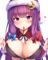 Rule 34 | 1girl, areola slip, black bra, black ribbon, blue bow, blunt bangs, blush, bow, bra, breasts, capelet, cleavage, crescent, crescent hair ornament, front-tie top, hair bow, hair ornament, hat, highres, large breasts, long hair, looking at viewer, mouth hold, patchouli knowledge, purple eyes, purple hair, red bow, ribbon, santa hat, sidelocks, solo, touhou, underwear, untied, upper body, yuki usagi (snowcanvas)