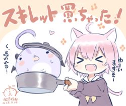 Rule 34 | &gt; &lt;, 1girl, :d, ahoge, animal ears, bad id, bad pixiv id, blush, brown shirt, capriccio, cat ears, closed eyes, commentary request, dated, facing viewer, fang, frying pan, hair between eyes, heart, holding, kapu rinko, long sleeves, neckerchief, open mouth, original, outstretched arms, pink hair, sailor collar, school uniform, serafuku, shirt, signature, smile, solo, translation request, white sailor collar, xd, yellow neckerchief