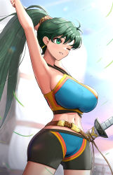 Rule 34 | 1girl, absurdres, armpits, breasts, commentary request, earrings, fire emblem, fire emblem: the blazing blade, fire emblem heroes, gonzarez, green eyes, green hair, highres, jewelry, large breasts, long hair, lyn (fire emblem), navel, nintendo, official alternate costume, one eye closed, ponytail, shorts, smile, solo, sword, very long hair, weapon