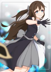 Rule 34 | 1girl, aqua eyes, artist name, artist request, back bow, bare legs, bare shoulders, belt, black dress, black gloves, black skirt, blue eyes, blush, bow, bow hairband, breasts, brooch, brown hair, buttons, choker, collarbone, diamond (gemstone), dress, drop earrings, earrings, evening gown, female focus, floating hair, gloves, grey background, grey belt, grey bow, grey skirt, hair between eyes, hair bow, hairband, half updo, high ponytail, highres, holding, holding clothes, holding skirt, jewelry, lace, lace gloves, long hair, looking at viewer, love live!, love live! nijigasaki high school idol club, love live! school idol festival, mask, miniskirt, multicolored clothes, multicolored dress, off-shoulder dress, off shoulder, osaka shizuku, parted lips, plaid, plaid dress, plaid skirt, pleated, pleated dress, pleated skirt, ponytail, skirt, sleeveless, sleeveless dress, small breasts, smile, solitude rain (love live!), solo, teeth, throwing, two-tone dress, wavy hair, white background, white bow, white choker, white dress, white skirt