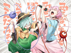 Rule 34 | 2girls, asutora, black headwear, blue shirt, bow, clenched hand, closed eyes, commentary request, cowboy shot, emphasis lines, floral print, frilled shirt collar, frilled sleeves, frills, green hair, green skirt, hair between eyes, hair ornament, hand up, hands up, hat, hat bow, heart, heart hair ornament, heart of string, holding, holding microphone, komeiji koishi, komeiji satori, long sleeves, microphone, multiple girls, music, pink hair, pink skirt, shirt, short hair, siblings, simple background, singing, sisters, skirt, sweat, third eye, touhou, translation request, v-shaped eyebrows, white background, wide sleeves, yellow bow, yellow shirt