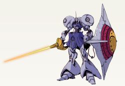 Rule 34 | absurdres, beam saber, cunkou mangren, glowing, glowing eye, grey background, gundam, gyan, highres, holding, holding sword, holding weapon, mecha, mobile suit gundam, nagano mamoru (style), no humans, one-eyed, open hand, parody, purple eyes, robot, science fiction, shield, solo, standing, style parody, sword, weapon