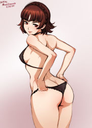 Rule 34 | 1girl, 2020, artist name, ass, black bra, black lingerie, black panties, bra, braid, breasts, brown hair, butt crack, dated, from behind, gradient background, hand on own ass, lingerie, looking at viewer, looking back, mina cream, niijima makoto, panties, panty lift, parted lips, persona, persona 5, pink background, red eyes, short hair, signature, simple background, solo, underwear, white background