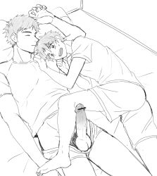 Rule 34 | 2boys, age difference, bed, brothers, censored, erection, closed eyes, family, incest, lying, male focus, monochrome, multiple boys, original, penis, pokkor0123, siblings, size difference, sleeping, tagme, white background, yaoi