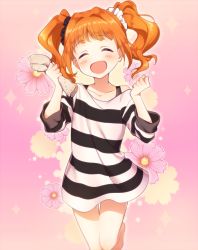 Rule 34 | 1girl, :&gt;, bad id, bad pixiv id, bare legs, bare shoulders, blush, clenched hand, closed eyes, floral background, hair ornament, hair scrunchie, idolmaster, idolmaster (classic), iwaoka (sikabanenomiti park), legs, orange hair, rag, scrunchie, smile, solo, sparkle, takatsuki yayoi, twintails, wavy hair
