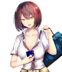 Rule 34 | 1girl, absurdres, azur lane, bag, baltimore (after-school ace) (azur lane), baltimore (azur lane), black neckwear, breasts, brown hair, cellphone, cleavage, collarbone, collared shirt, dress shirt, hair between eyes, highres, holding, holding bag, holding phone, large breasts, loose necktie, necktie, open mouth, phone, school bag, shirt, short hair, short sleeves, smartphone, standing, sweater, tied sweater, white shirt, xkezty, yellow eyes, yellow sweater