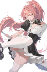Rule 34 | 1girl, :d, ahoge, ass, black bow, black bowtie, black footwear, blush, bouncing breasts, bow, bowtie, breasts, brown eyes, cleavage, corset, dress, fang, gogoco, highres, holding, holding mop, kicking, large breasts, layered dress, long hair, looking at viewer, mary janes, mop, name tag, open mouth, original, panties, ponytail, puffy short sleeves, puffy sleeves, shoes, short sleeves, simple background, skindentation, smile, solo, thighhighs, underwear, upskirt, v-shaped eyebrows, very long hair, white background, white panties, white thighhighs